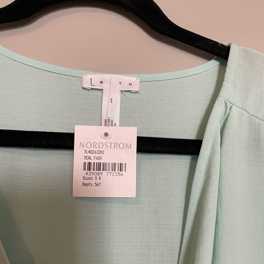 Leith Wrap sleeveless mini dress with side bow - light blue/green - small - NWT - Picture 5 of 7